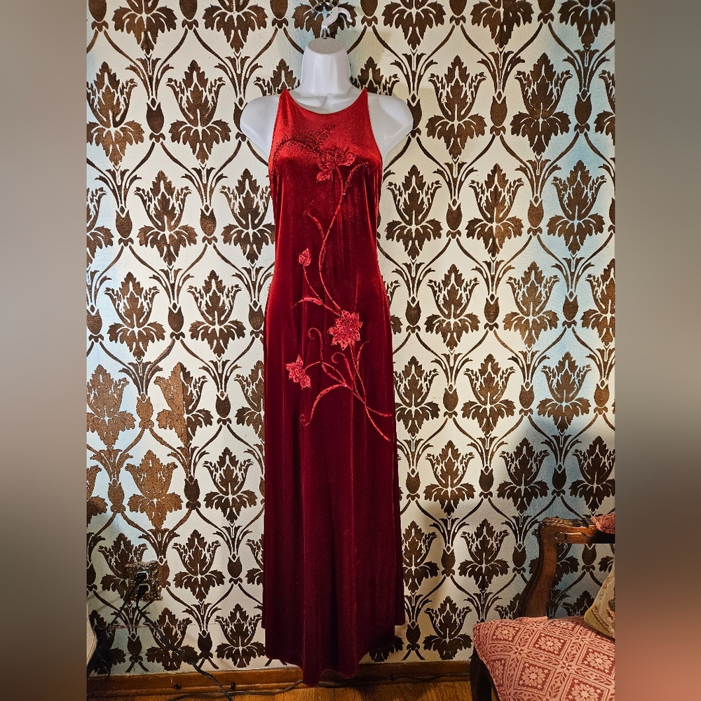 Vtg. REGGIO Women's PETITE 8 Red Velvet Maxi Bodycon Stretch Beaded Dress Y2K